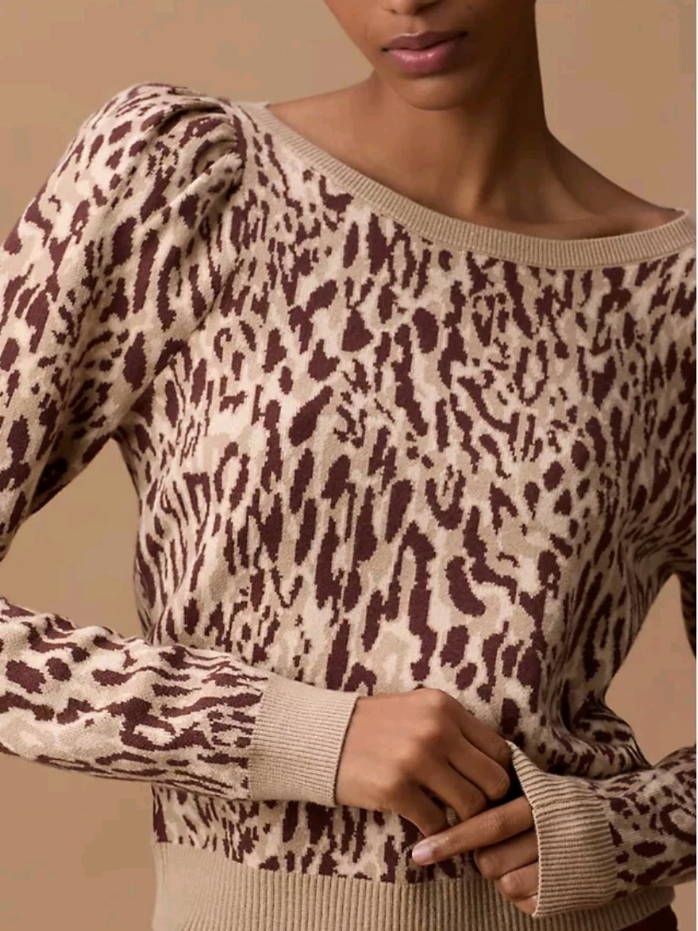 Maeve Cream and Brown Animal-Print Off-the-Shoulder Sweater
